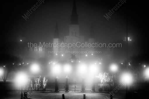 A Foggy Jackson Square at Night -- New Orleans Black and White Photography