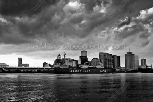 New Orleans Black and White Photography of The New Orleans Skyline and Mississippi River Barge The New Orleans Skyline and Mississippi River Barge -- New Orleans Black and White Photography