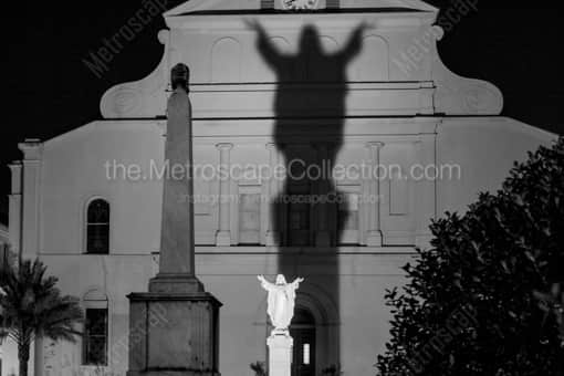 New Orleans Black and White Photography of The Statue and Shadow of Jesus on St Louis Cathedral The Statue and Shadow of Jesus on St Louis Cathedral -- New Orleans Black and White Photography