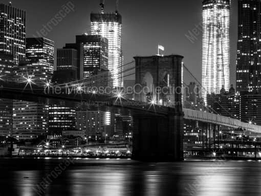 New York City Black and White Photography of The Brooklyn Bridge and Freedom Tower at Night The Brooklyn Bridge and Freedom Tower at Night -- New York City Black and White Photography