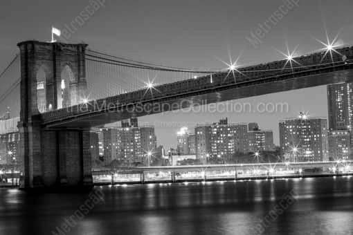 New York City Black and White Photography of The Brooklyn Bridge at Night from the South The Brooklyn Bridge at Night from the South -- New York City Black and White Photography
