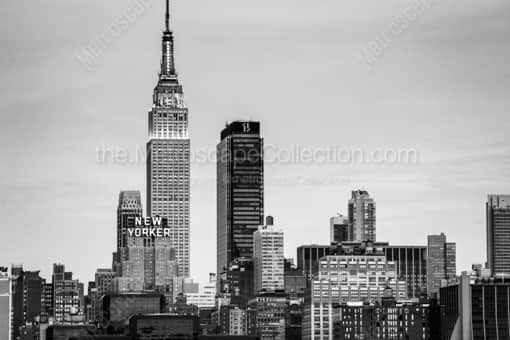 New York City Black and White Photography of The New Yorker and Empire State Building at Dusk The New Yorker and Empire State Building at Dusk -- New York City Black and White Photography