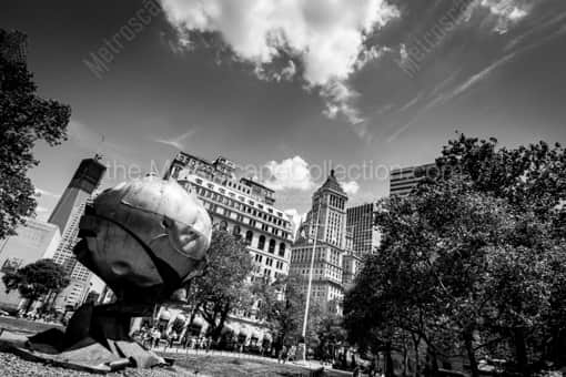 New York City Black and White Photography of The Original World Trade Center Sphere Sculpture The Original World Trade Center Sphere Sculpture -- New York City Black and White Photography