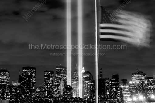 New York City Black and White Photography of The American Flag Flies at Half Mast in Liberty Park on September 11 The American Flag Flies at Half Mast in Liberty Park on September 11 -- New York City Black and White Photography