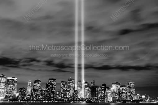 New York City Black and White Photography of The Beams of Light from Lower Manhattan Bounce off of the Low Clouds The Beams of Light from Lower Manhattan Bounce off of the Low Clouds -- New York City Black and White Photography