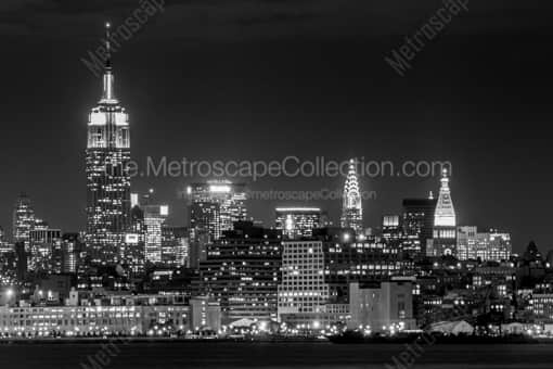 New York City Black and White Photography of The Midtown Manhattan Skyline at Night from Liberty Park The Midtown Manhattan Skyline at Night from Liberty Park -- New York City Black and White Photography