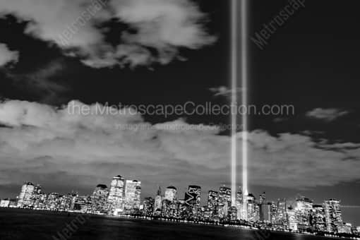 New York City Black and White Photography of The Lights from Ground Zero in New York City The Lights from Ground Zero in New York City -- New York City Black and White Photography