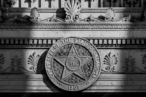 Oklahoma City Black and White Photography of The State of Oklahoma Seal on Capitol Building The State of Oklahoma Seal on Capitol Building -- Oklahoma City Black and White Photography
