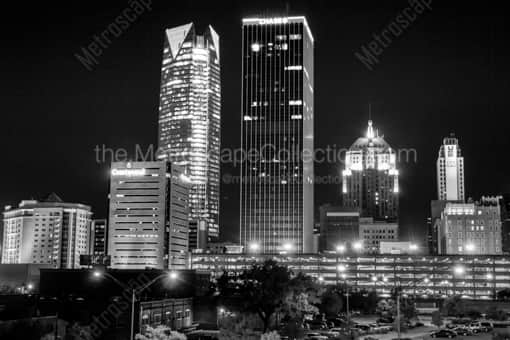 Oklahoma City Black and White Photography of Downtown Oklahoma City at Night from Mickey Mantle Drive Downtown Oklahoma City at Night from Mickey Mantle Drive -- Oklahoma City Black and White Photography