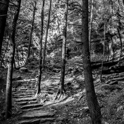 Matte Black WOOD Framed Black and White Old Mans Cave Photograph: An Old Man's Cave Walking Trail in a Square Matte Black Wood Frame