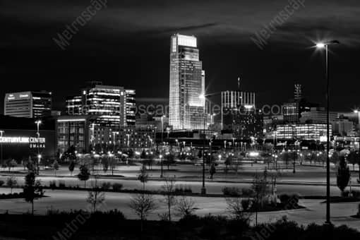 The Omaha Nebraska Skyline at Night -- Omaha Black and White Photos