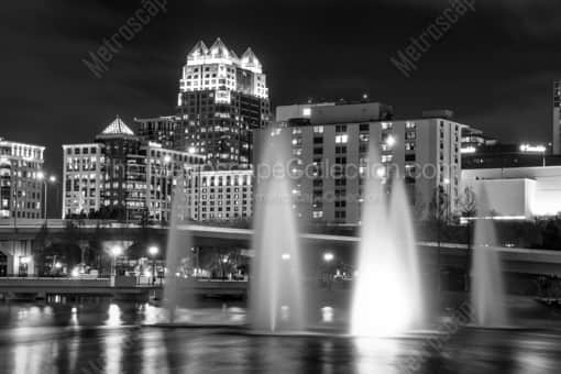 Orlando Black and White Photography of The Orlando Skyline and Fountains at Night The Orlando Skyline and Fountains at Night -- Orlando Black and White Photography
