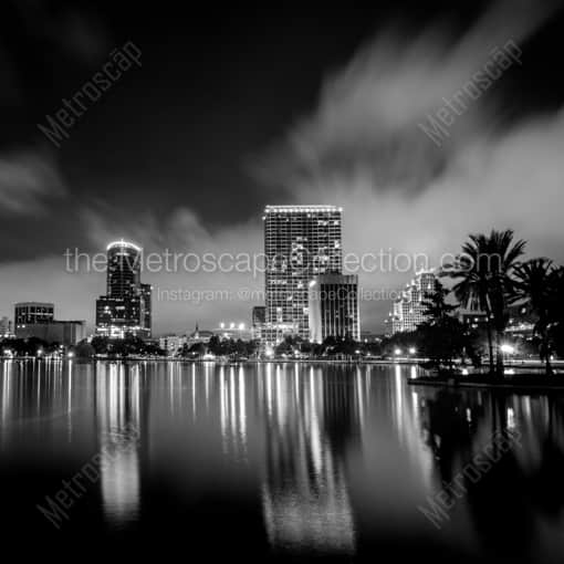 Matte Black WOOD Framed Black and White Orlando Photograph: Downtown Orlando from Lake Eola in a Square Matte Black Wood Frame