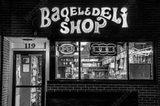 Oxford\'s Famous Bagel and Deli Shop at Night -- Oxford Black and White Photography