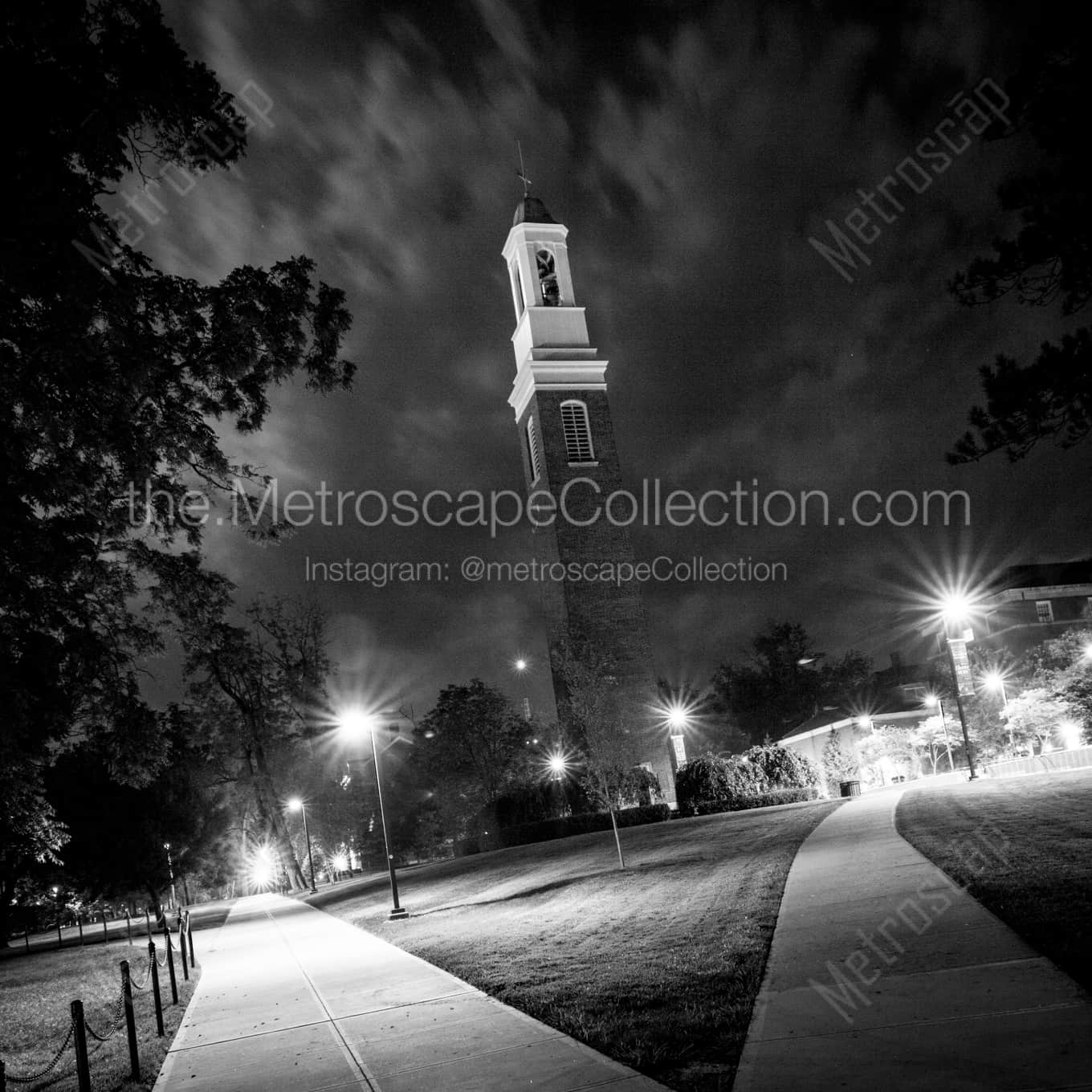The Beta Theta Pi Bell Tower at Night landscape black and white Photography square crop