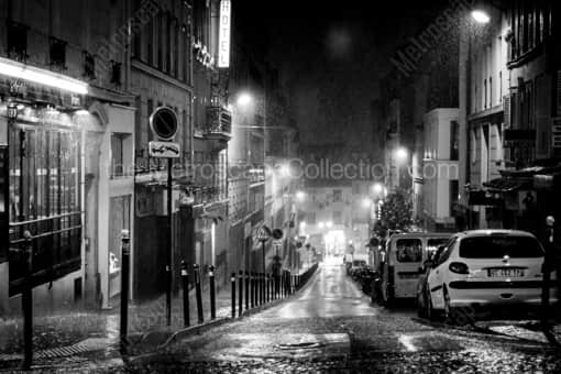 Rue des Abbesses in Pouring Rain -- Paris Black and White Photography