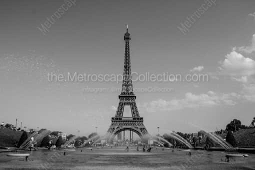 Paris Black and White Photography of The Eiffel Tower from the Trocadero Gardens Warsaw Fountain The Eiffel Tower from the Trocadero Gardens Warsaw Fountain -- Paris Black and White Photography