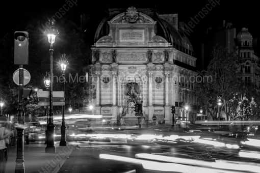The Saint Michel Fountain and Traffic -- Paris Black and White Photography
