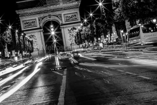 Champs-Elysees Traffic at Night -- Paris Black and White Photography