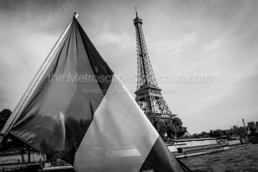 The French Flag and Eiffel Tower -- Paris Black and White Photography