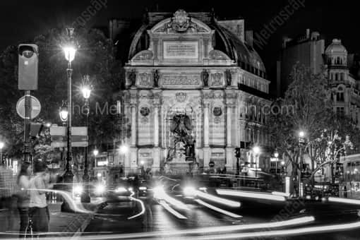 Saint Michel at Night -- Paris Black and White Photography