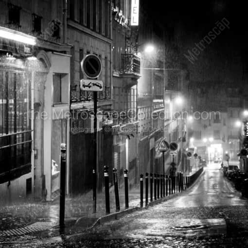 Matte Black WOOD Framed Black and White Paris Photograph: Rue des Abbesses in Pouring Rain in a Square Matte Black Wood Frame