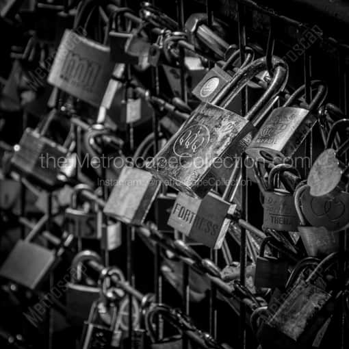 Matte Black WOOD Framed Black and White Paris Photograph: Locks on the Pont des Arts Bridge in a Square Matte Black Wood Frame