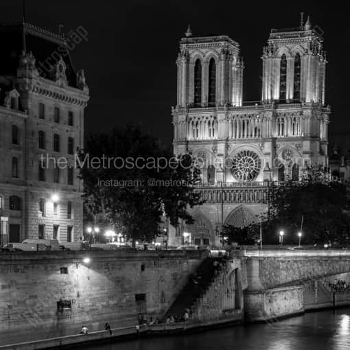 Matte Black WOOD Framed Black and White Paris Photograph: Notre Dame de Paris at Night in a Square Matte Black Wood Frame