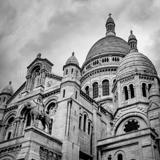 Matte Black WOOD Framed Black and White Paris Photograph: Sacre Coeur on an Angle in a Square Matte Black Wood Frame