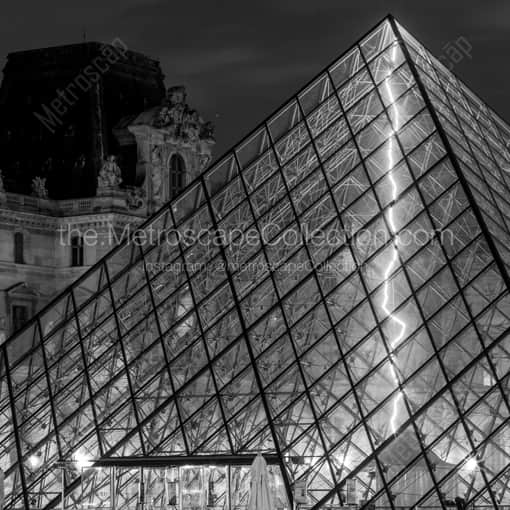 Matte Black WOOD Framed Black and White Paris Photograph: A Neon Bolt of Lightening in the Louvre Pyramide in a Square Matte Black Wood Frame