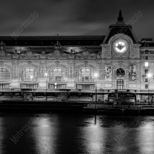 Matte Black WOOD Framed Black and White Paris Photograph: The Musee d'Orsay at Night in a Square Matte Black Wood Frame