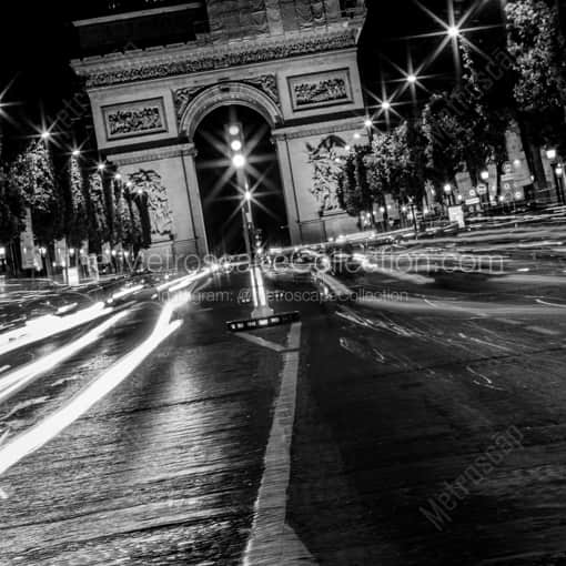 Matte Black WOOD Framed Black and White Paris Photograph: Champs-Elysees Traffic at Night in a Square Matte Black Wood Frame