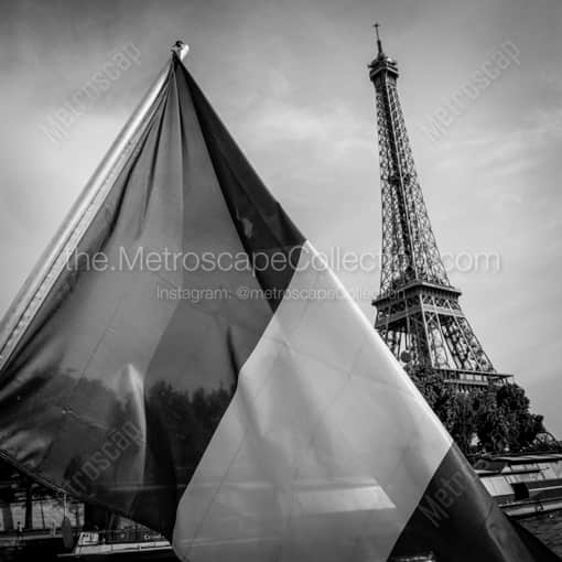 Matte Black WOOD Framed Black and White Paris Photograph: The French Flag and Eiffel Tower in a Square Matte Black Wood Frame