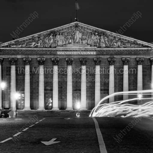 Matte Black WOOD Framed Black and White Paris Photograph: The Assemblee Nationale Building at Night in a Square Matte Black Wood Frame