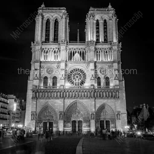 Matte Black WOOD Framed Black and White Paris Photograph: Notre Dame Cathedral at Night in a Square Matte Black Wood Frame