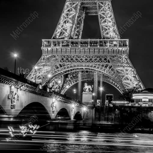 Matte Black WOOD Framed Black and White Paris Photograph: The Pont d'Iena Bridge at Night in a Square Matte Black Wood Frame