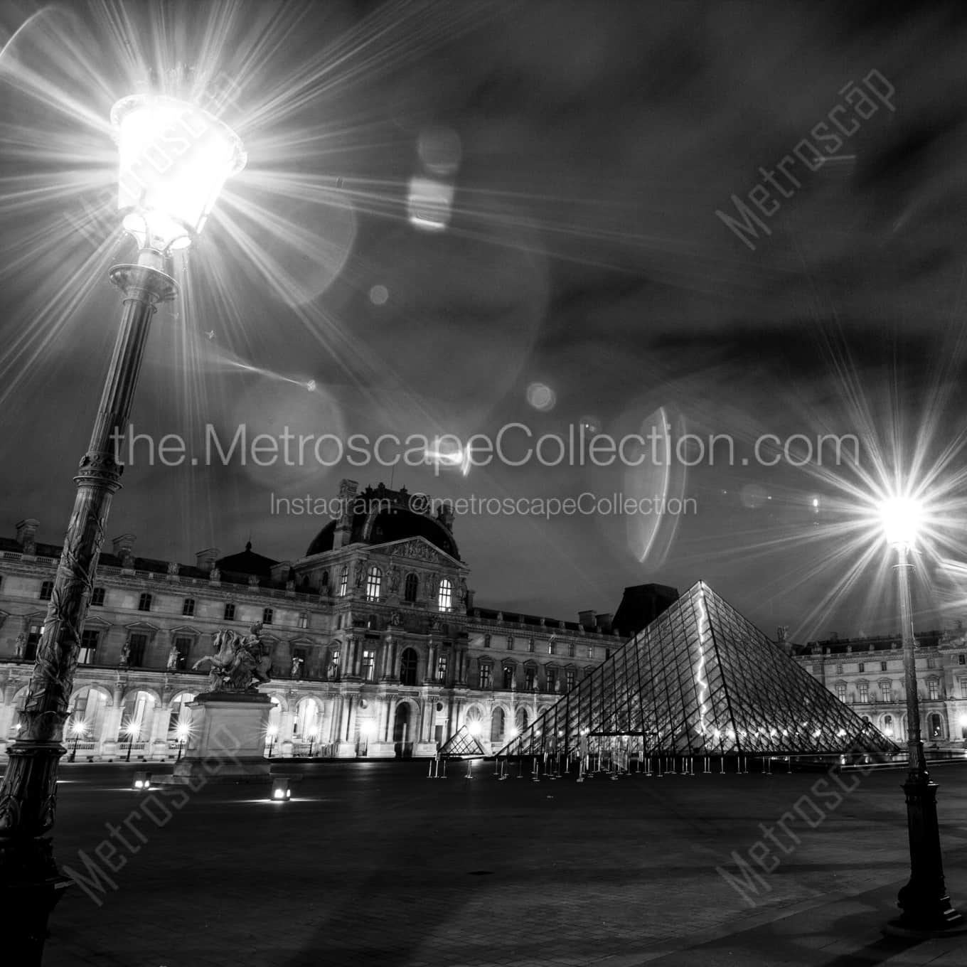 The Louvre at Night landscape black and white Photography square crop