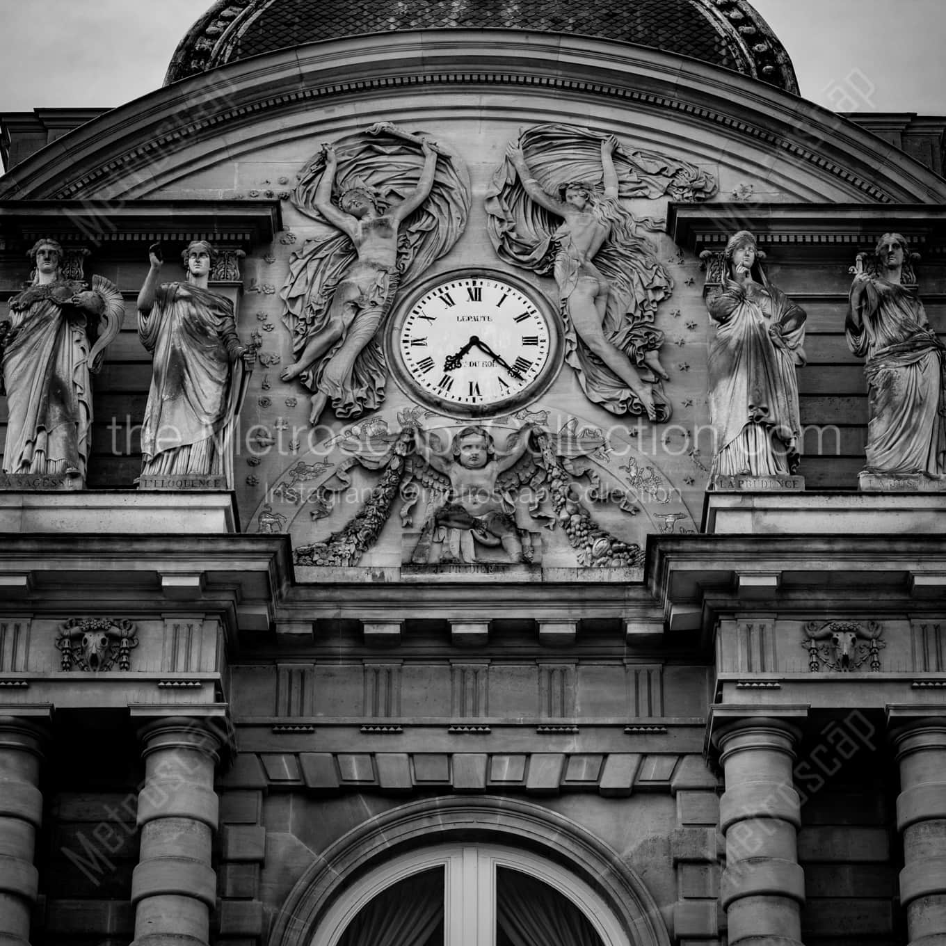 The Clock on the French Senat Building landscape black and white Photography square crop