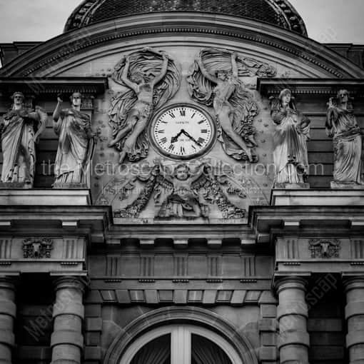 Matte Black WOOD Framed Black and White Paris Photograph: The Clock on the French Senat Building in a Square Matte Black Wood Frame