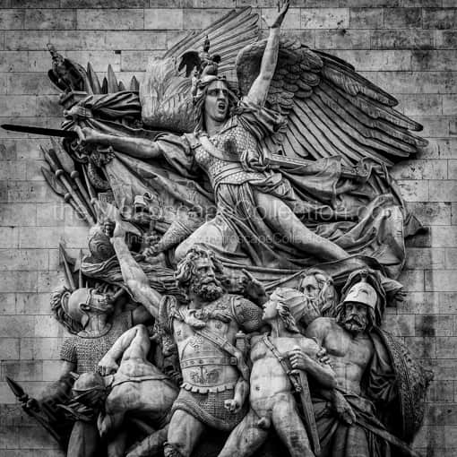 Matte Black WOOD Framed Black and White Paris Photograph: The Le Departe Relief on the Arc de Triomphe in a Square Matte Black Wood Frame