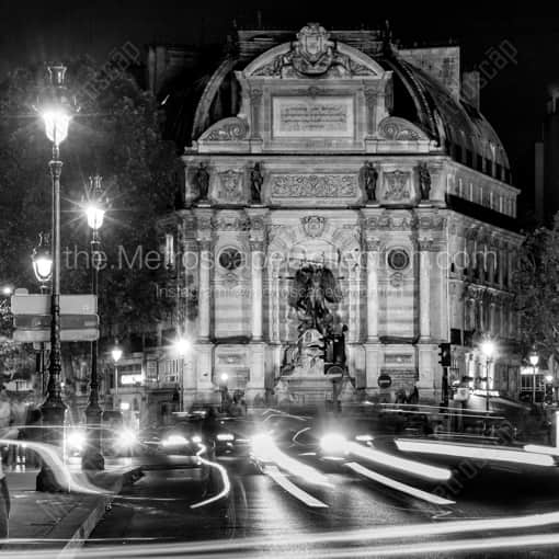 Matte Black WOOD Framed Black and White Paris Photograph: Saint Michel at Night in a Square Matte Black Wood Frame