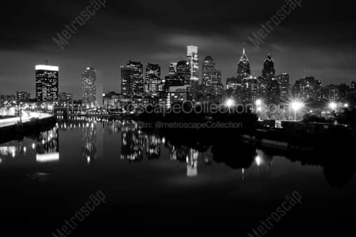 The Philadelphia Skyline at Night from South Street -- Philadelphia Black and White Photography