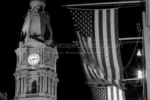The Pinnacle of Philadelphia City Hall and US Flags at Night -- Philadelphia Black and White Photography