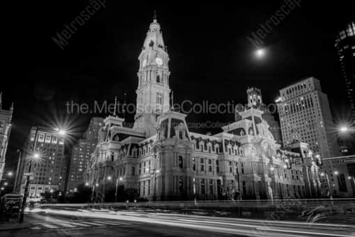 Philadelphia City Hall at Night from JFK Plaza -- Philadelphia Black and White Photography