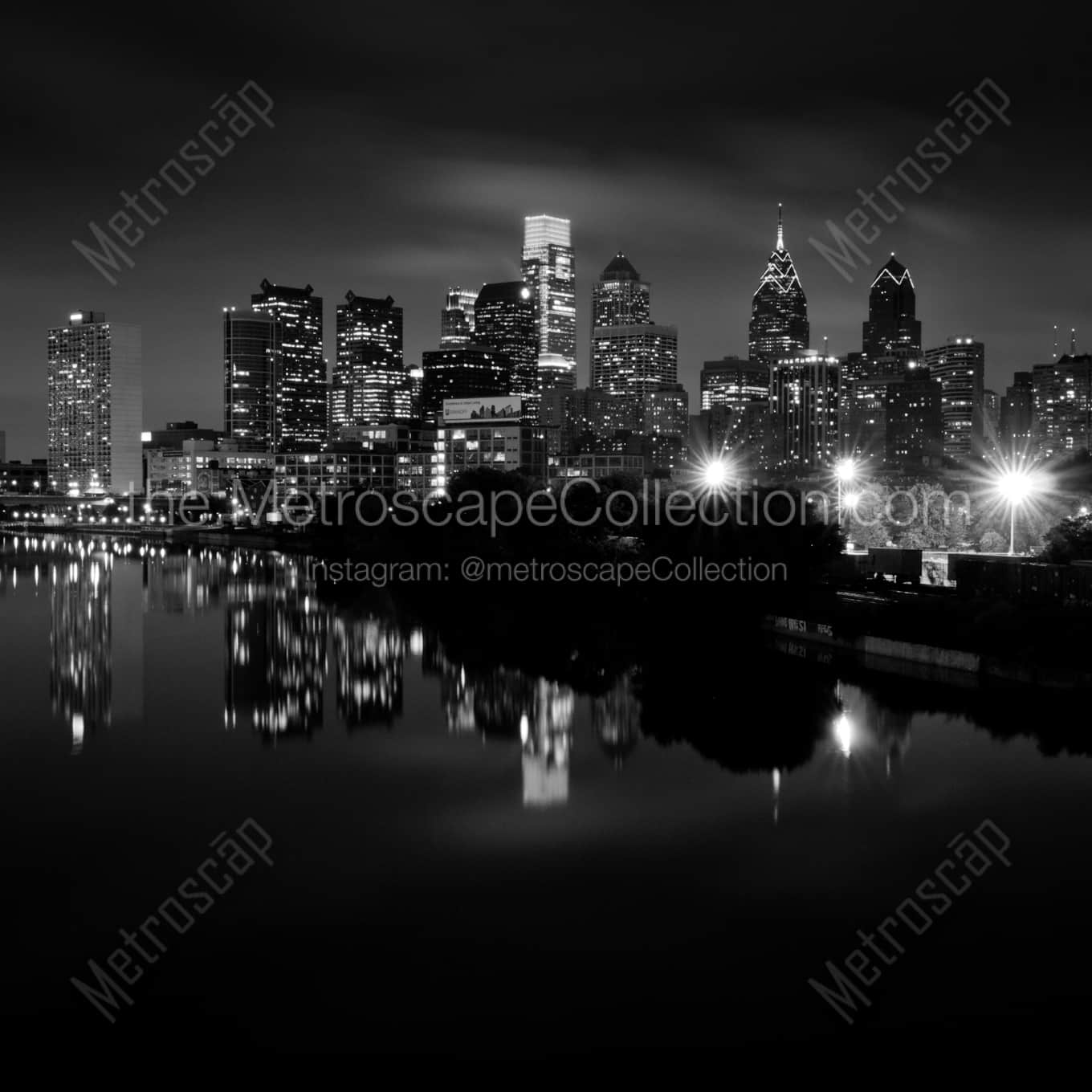 The Philadelphia Skyline at Night from South Street landscape black and white Photography square crop