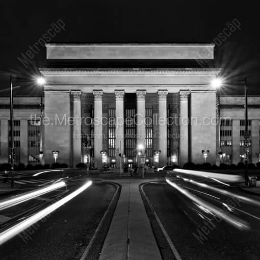 Matte Black WOOD Framed Black and White Philadelphia Photograph: 30th Street Station at Night in a Square Matte Black Wood Frame