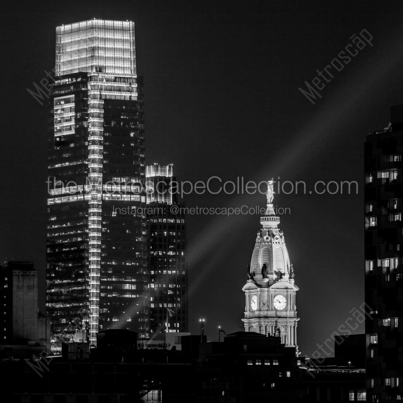 The Comcast Tower and Philadelphia City Hall at Night landscape black and white Photography square crop