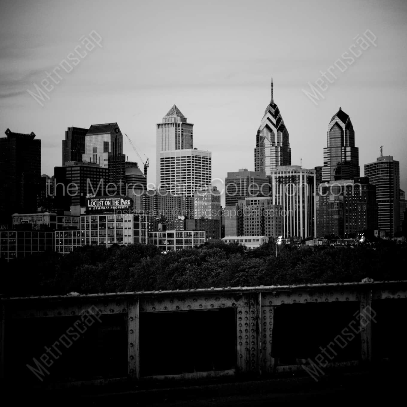 The Philadelphia Skyline from the South Street Bridge landscape black and white Photography square crop