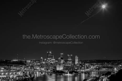Downtown Pittsburgh Skyline under a Full Moon -- Pittsburgh Black and White Photos