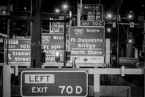 Traffic Signs on I-376 in Downtown Pittsburgh at Night -- Pittsburgh Black and White Photos